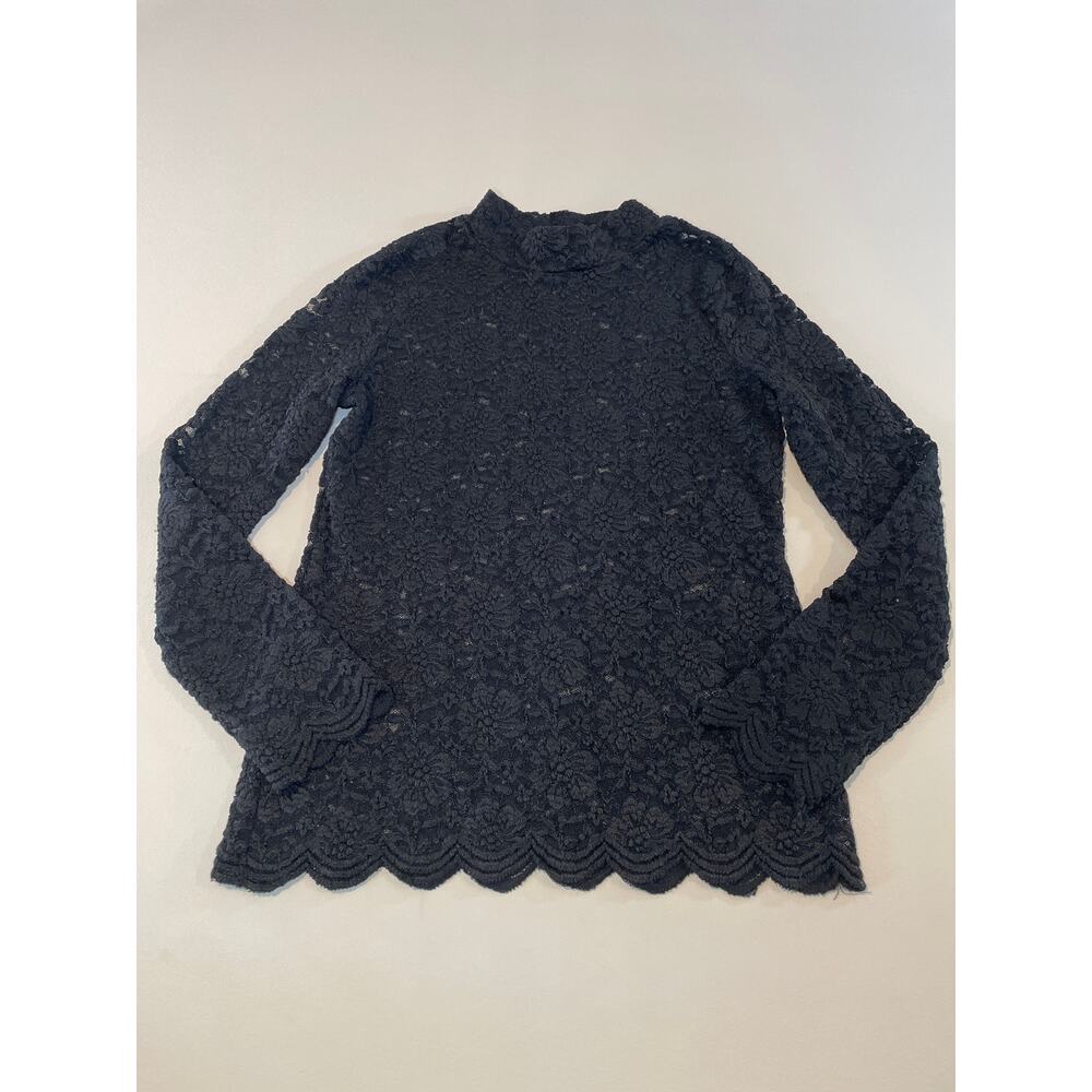 BCBGMAXAZRIA Black Lace Mock Neck Long Sleeve Sheer Top Size M - Picture 3 of 10